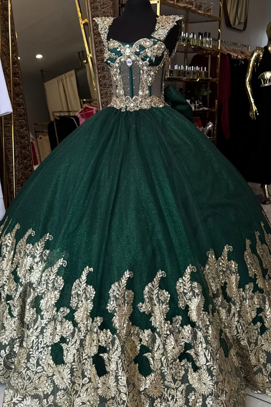 Sweetheart Straps Sleeveless Gold Appliques Bow Knot Dark Green Sweet 15 Quinceañera Dress