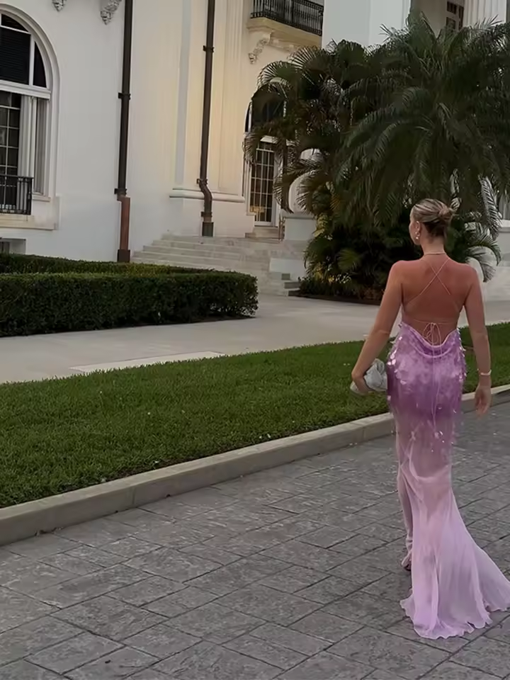 Tassel Sequin Fishtail Halter Dress V-Neck Suspenders Sexy Slim Fit Backless Mesh Women Wrap Hip Long Dresses Socialite Robes