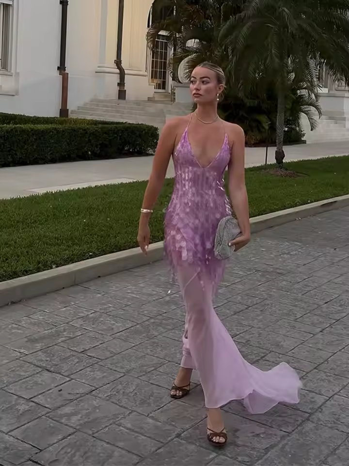 Tassel Sequin Fishtail Halter Dress V-Neck Suspenders Sexy Slim Fit Backless Mesh Women Wrap Hip Long Dresses Socialite Robes