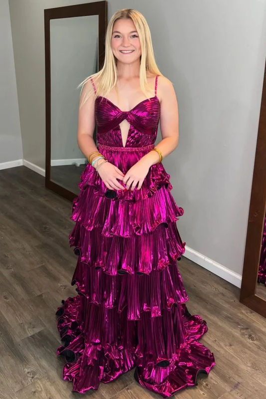 Unique A-Line Sweetheart Neck Sleeveless Pleated Ruffles Tiered Back Zipper Prom Dress Evening Formal Gown Cocktail Dress