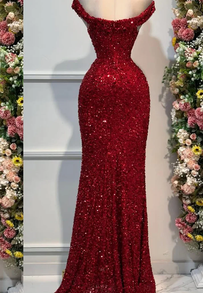 V-Neck Side Slit Straps Sequins Sparkly Sheath Prom Dress