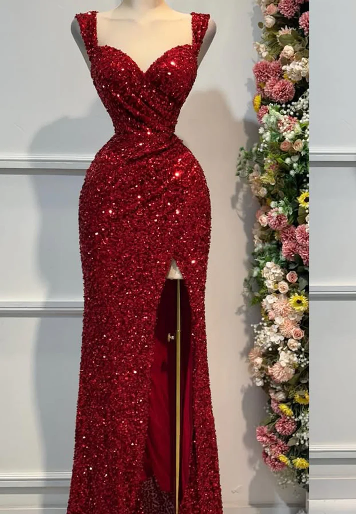 V-Neck Side Slit Straps Sequins Sparkly Sheath Prom Dress