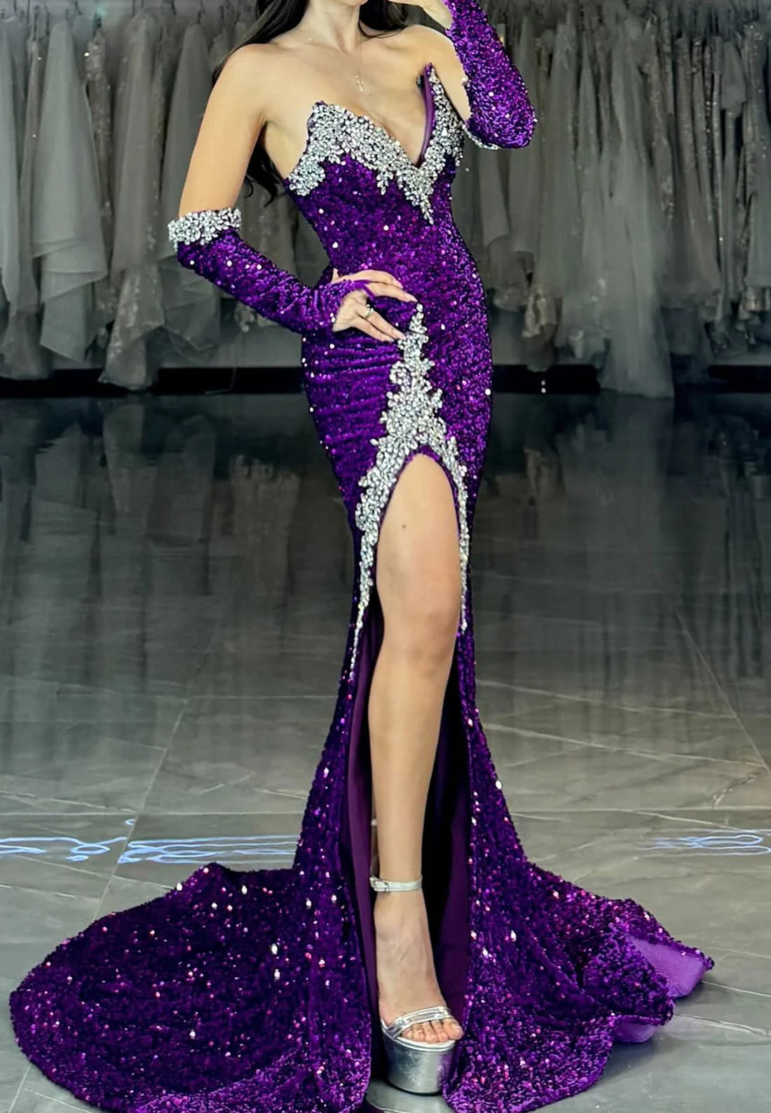 V-Neck Sleeveless Sequins Beaded Side Slit Sheath Prom Dress