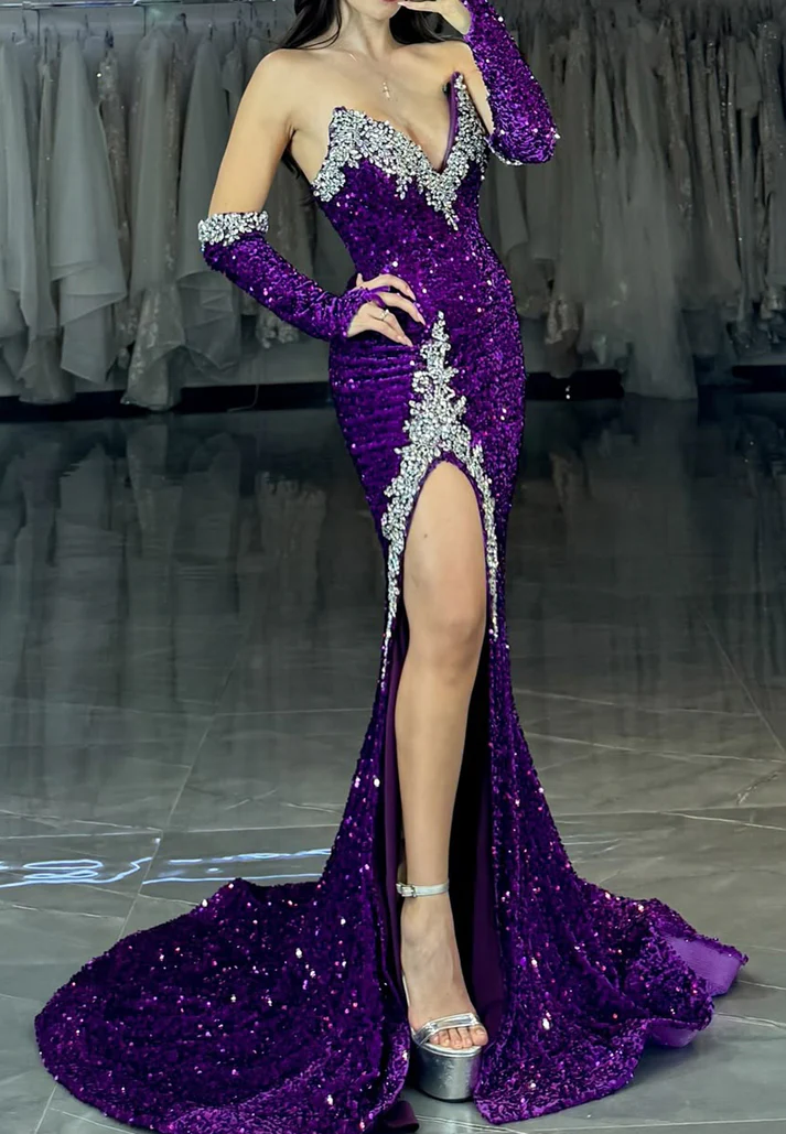 V-Neck Sleeveless Sequins Beaded Side Slit Sheath Prom Dress