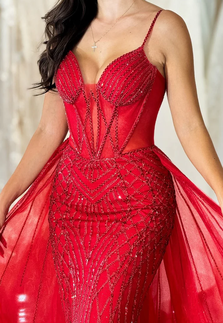V-Neck Spaghetti Straps Beaded Mermaid Prom Dress