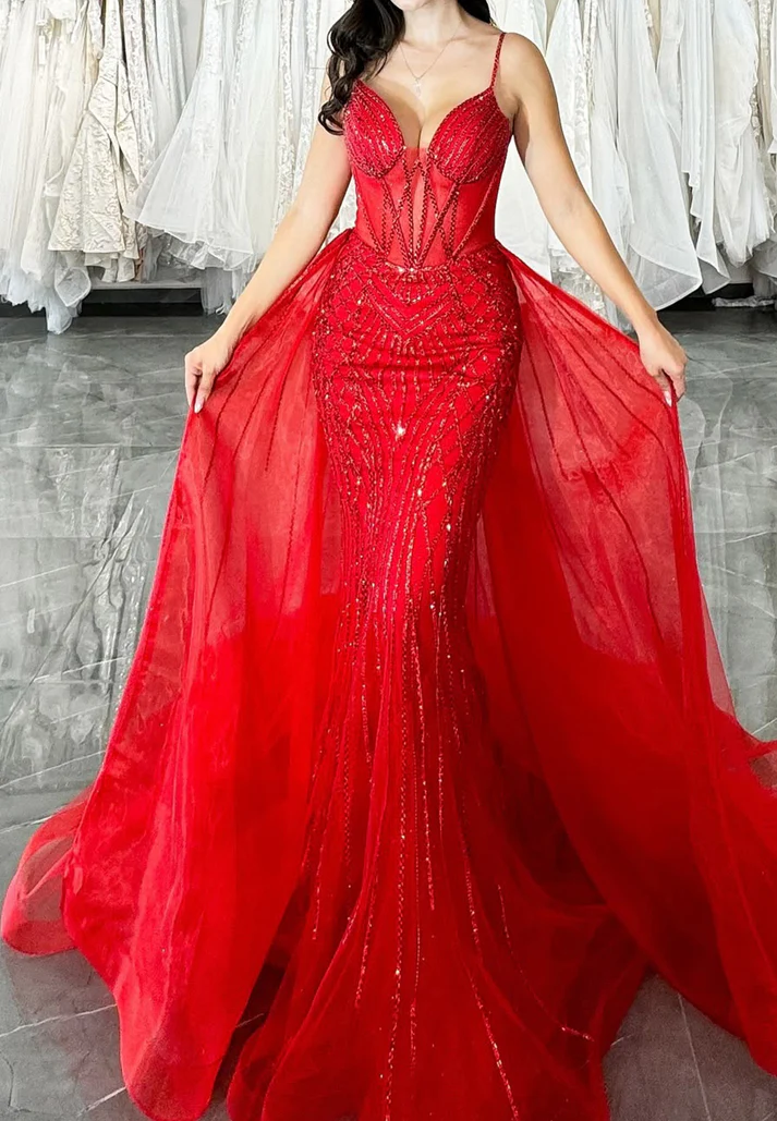 V-Neck Spaghetti Straps Beaded Mermaid Prom Dress