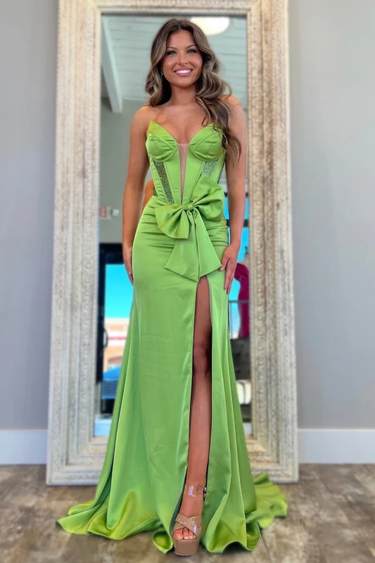 V Neck Sleeveless Beaded Bow Knot High Side Slit Prom Dress