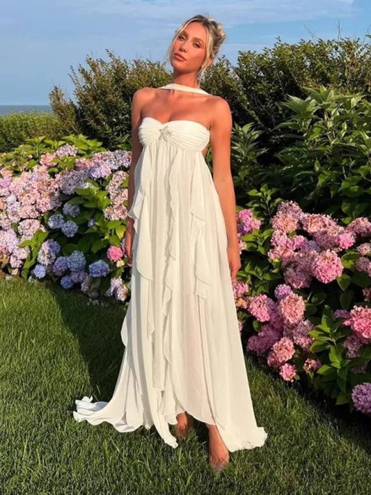 White pure color youthful elegant sweet long chiffon ruffle irregular skirt seaside beach holiday party dress evening dress prom dress