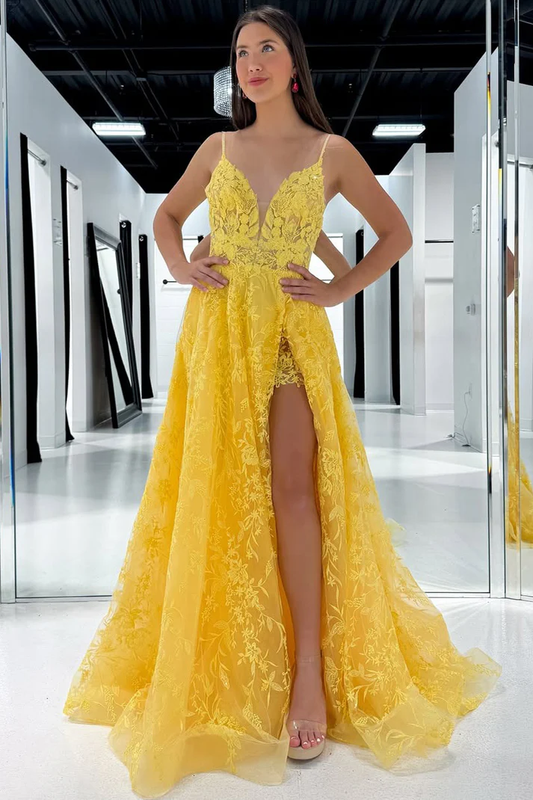 Women's A Line Prom Dresses Long Tulle Lace Appliques Evening Gowns with Slit