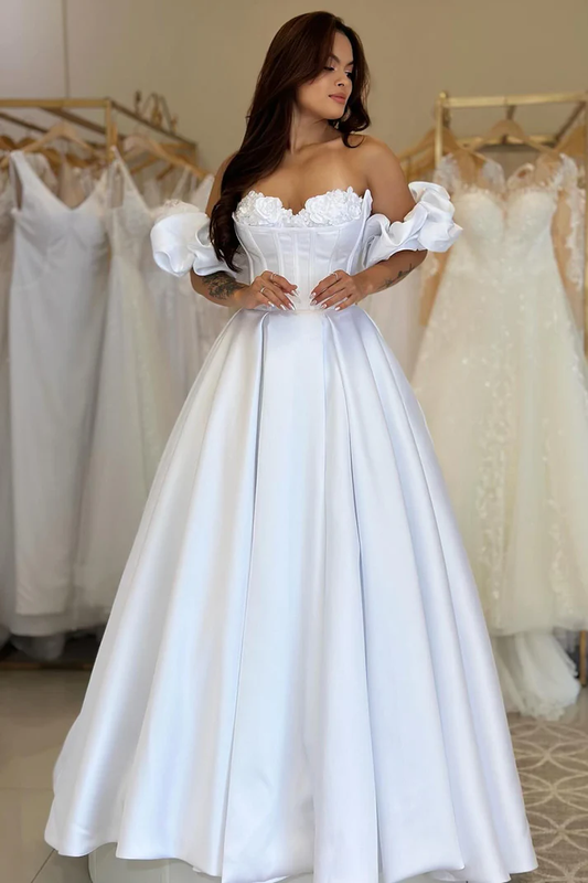 Women's Sweetheart A Line Satin Corset Appliqued Wedding Dresses for Bride