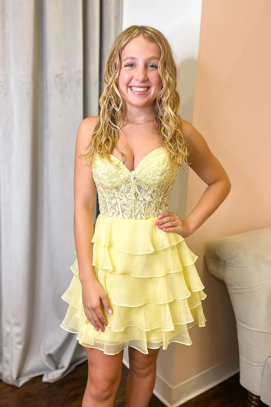 Yellow Ruffle Tiered Chiffon Short A-Line Homecoming Dress with Appliques