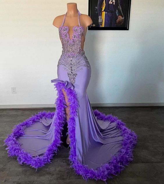 Purple Prom Dresses Luxury Halter Crystals Fashion Party Dresses Women Beaded Feather Sexy Black Girls Evening Gowns