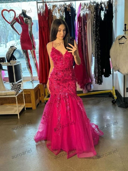 Gorgeous V-Neck Sleeveless Mermiad 3D Applique Prom Dresses Elegant Long Backless Women's Dresses For Wedding Formal Party Gown