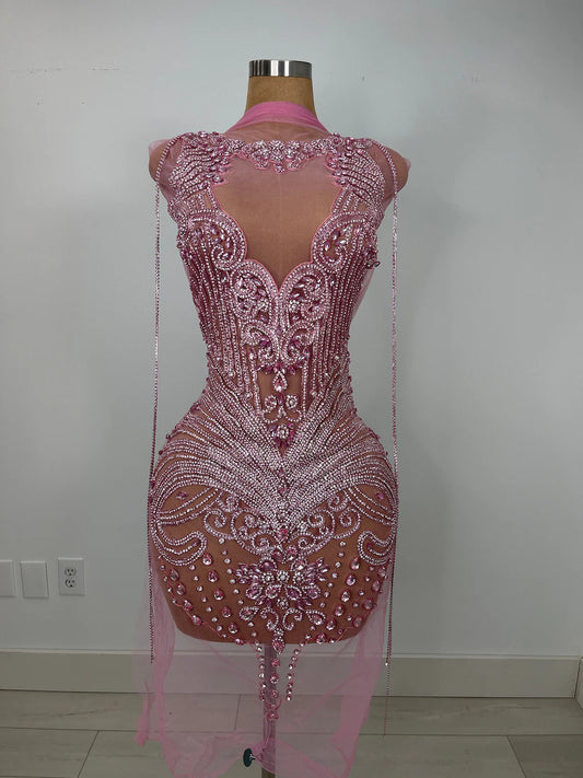 Custom Pink Rhinestone Applique Fabric used for Prom Dresses Wedding Gowns & Birthday Dresses
