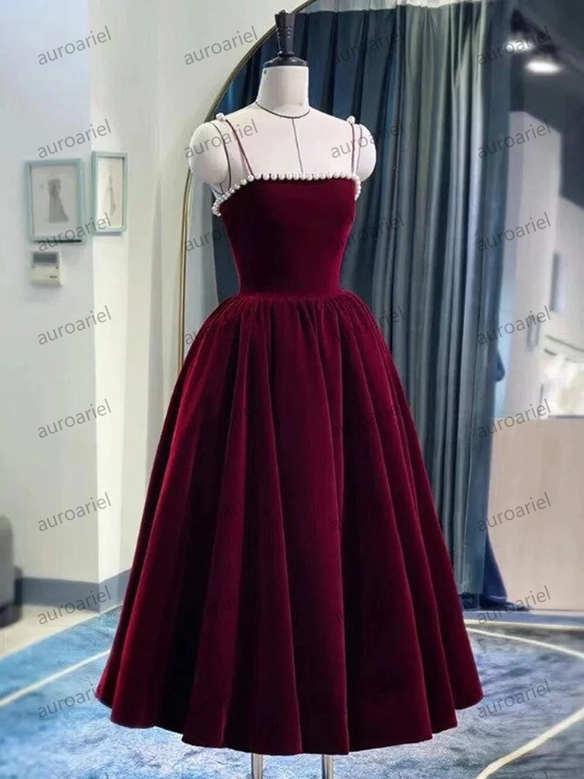 Burgundy Beaded Velvet Prom Dress with Spaghetti strap, Mid Long Evening Dress, Wedding Dress, Handmade Bridesmaid Dress, Evening Dress