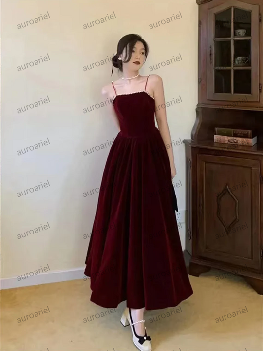 Burgundy Beaded Velvet Prom Dress with Spaghetti strap, Mid Long Evening Dress, Wedding Dress, Handmade Bridesmaid Dress, Evening Dress