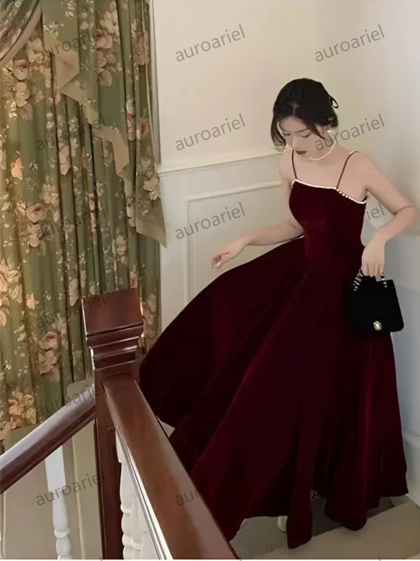 Burgundy Beaded Velvet Prom Dress with Spaghetti strap, Mid Long Evening Dress, Wedding Dress, Handmade Bridesmaid Dress, Evening Dress