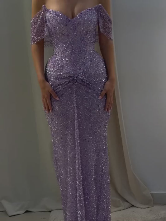 Customized Purple Luxury Rhinestones Mermaid Prom Dress Off The Shoulder Floor-length Formal Evening