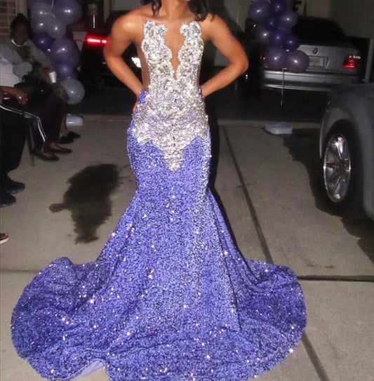 Sparkly Lavender Purple Long Prom Dress Beads Crystals Rhienstones Sequins Glitter Birthday Party Wedding Reception