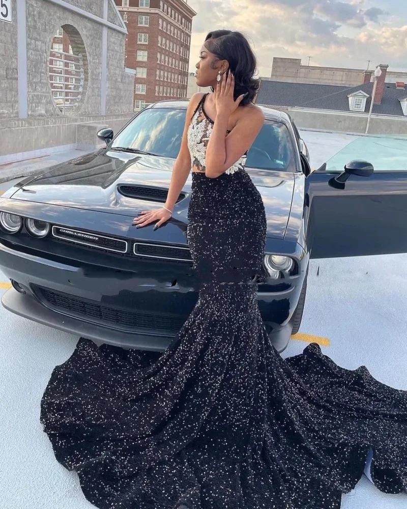 Sexy One Shoulder Sequin Prom Dresses For Black Girls Mermaid Evening Gowns Rhinestone Party Dress