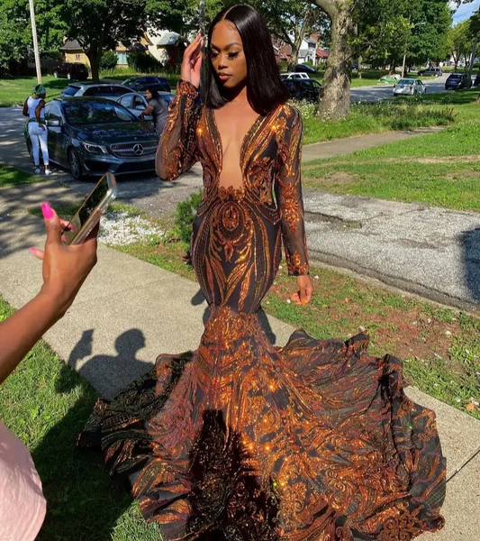 Sexy Mermaid Style Fitted Cut Out Front Sparkly Gold Sequin Black Girls Long Sleeve Prom Dresses