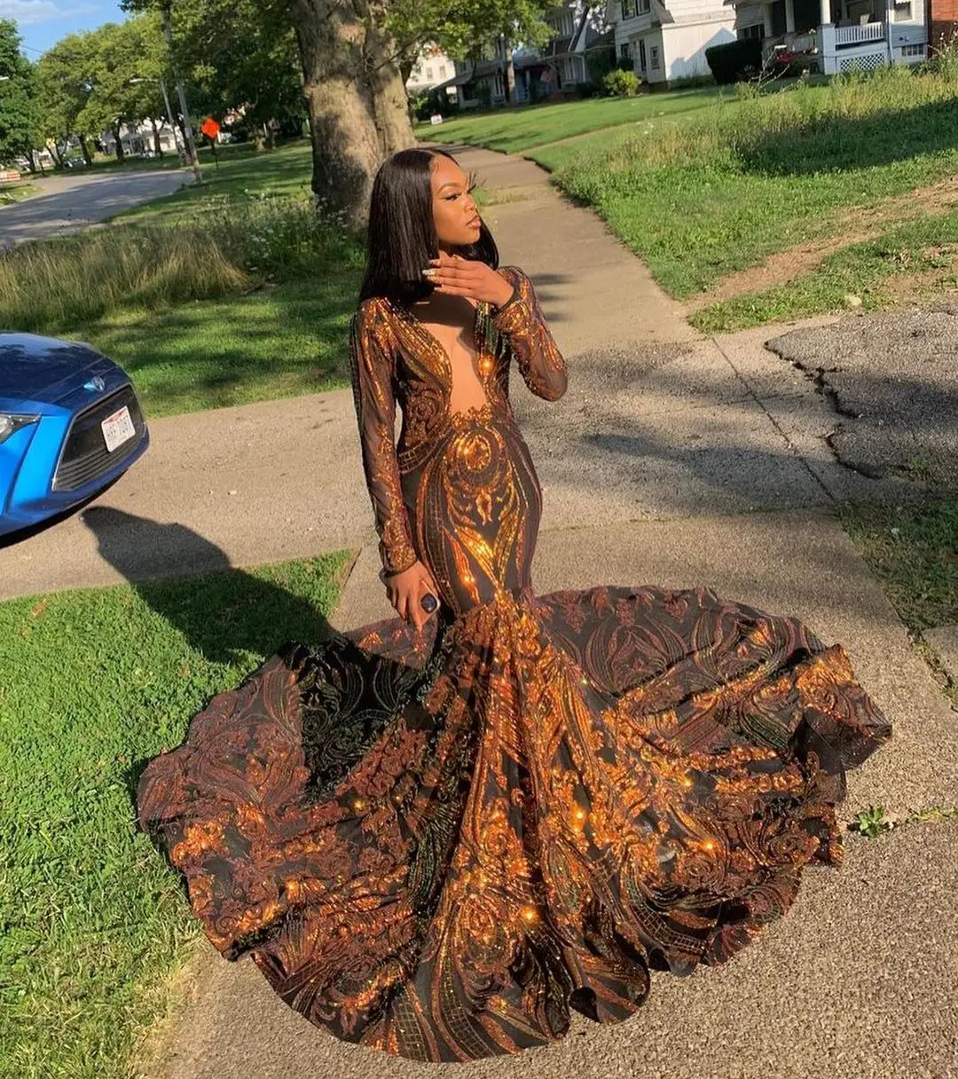 Sexy Mermaid Style Fitted Cut Out Front Sparkly Gold Sequin Black Girls Long Sleeve Prom Dresses