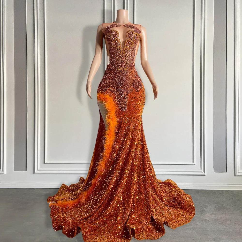Sparkly Rhinestone Orange Feather Mermaid Prom Gowns Sexy High Slit Black Girl Sparkly Sequin Long Prom Dresses