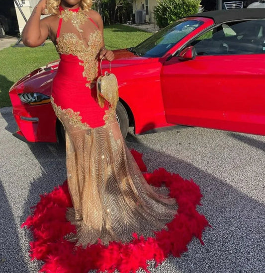 Sparkly Red Prom Dress Halter Beads Crystal Rhinestones Feathers Graduation Party Dress Birthday Wedding Reception
