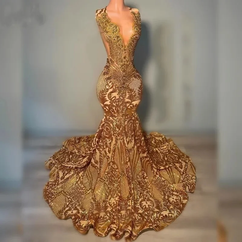 Sparkly Gold Diamonds Long Prom Dress For Black Girl Beaded Crystal Rhinestones Birthday Paty Gowns