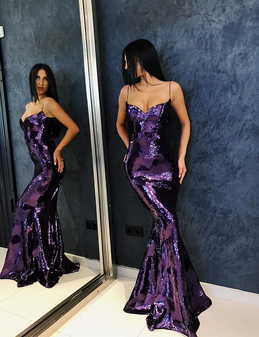 Sweetheart Prom Dress Mermaid Sequined Formal Evening Gown Purple Thin Straps